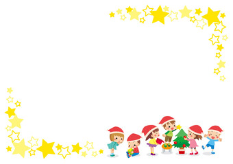 Fototapeta na wymiar クリスマスパーティーの準備をしている可愛い小さな子供たちと星柄のフレームのイラスト　コピースペース