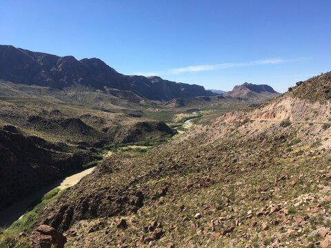 West Texas river landscape with mountains