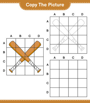 Copy the picture, copy the picture of Baseball Bat using grid lines. Educational children game, printable worksheet, vector illustration