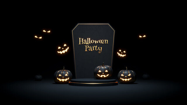 Halloween background with scary faces pumpkins are glowing in dark. Black and gold template for Halloween. 3d render 3d illustration.