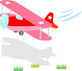 原っぱに着陸するプロペラ機