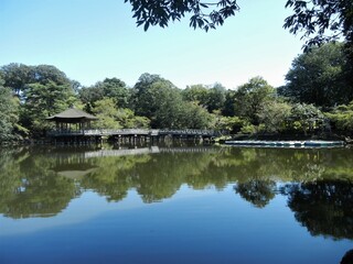 Fototapeta na wymiar A Japanese traditional architecture 日本建築：Ukimi-do Shrine on Sagi-ike Pond in Nara-koen Park in Nara City in Japan 日本の奈良市の奈良公園にある鷺池の浮見堂