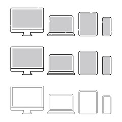 デスクトップPC、ノートPC、タブレット、スマートフォンの正面の手描き・基本線・パスのセット