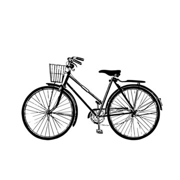 Bicycle with basket. Black and white illustration ink