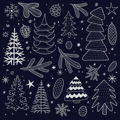Vector collection of drawings of Christmas trees, cones and branches on a dark background. New year night. Snowfall