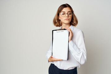 Business woman in white shirt documents work Copy Space