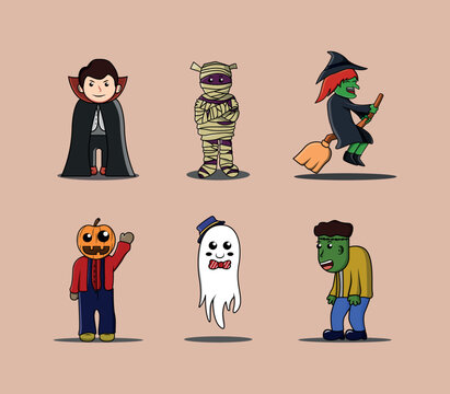 cute doodle chibi spooky hallowen character vector character illustration set