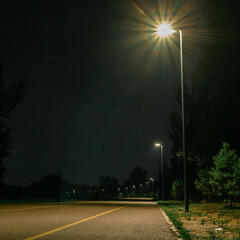 Pedestrian and bicycle road in the park illuminated by a lantern at night