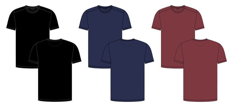 Set of collection black, navy blue and red Basic short sleeve t shirt overall technical fashion flats sketch vector template front and back views. Apparel design mock up illustration CAD.