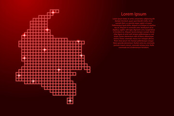 Colombia map silhouette from red mosaic structure squares and glowing stars. Vector illustration.