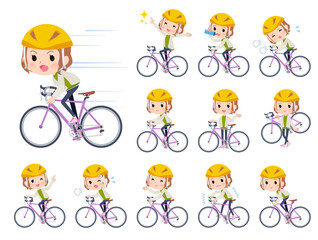 ロードバイクに乗ったカジュアルファッション女性のセット