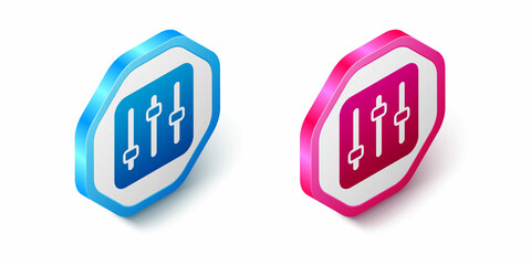Isometric Sound mixer controller icon isolated on white background. Dj equipment slider buttons. Mixing console. Hexagon button. Vector