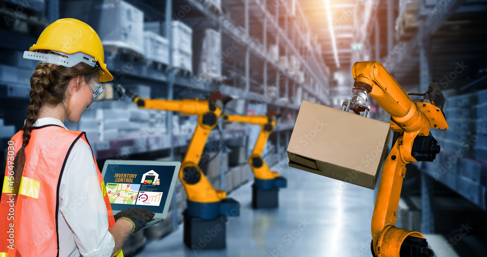Poster smart robot arm systems for innovative warehouse and factory digital technology . automation manufac