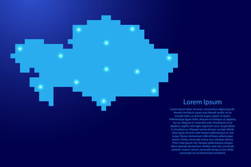 Kazakhstan map silhouette from blue square pixels and glowing stars. Vector illustration.