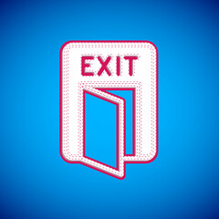 White Fire exit icon isolated on blue background. Fire emergency icon. Vector