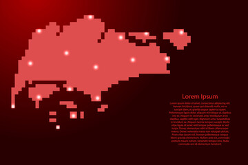 Singapore map silhouette from red square pixels and glowing stars. Vector illustration.
