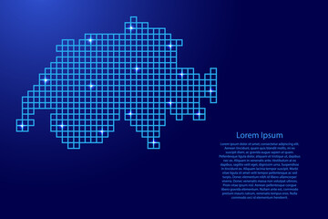 Switzerland map silhouette from blue mosaic structure squares and glowing stars. Vector illustration.