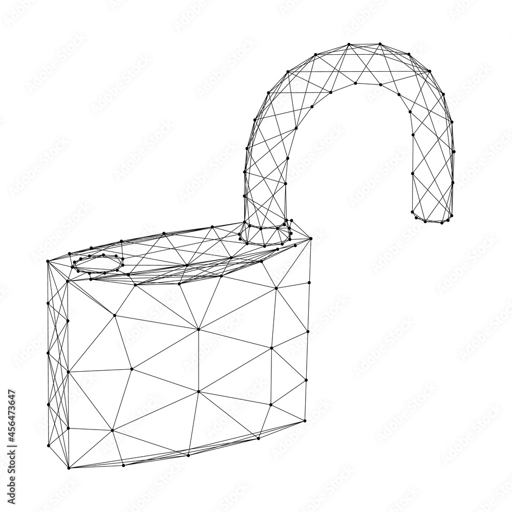 Poster padlock with open shackle, symbol of vulnerability of data protection, from abstract futuristic poly