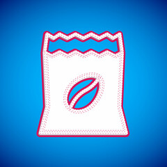 White Bag of coffee beans icon isolated on blue background. Vector