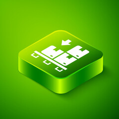 Isometric Cardboard boxes on pallet icon isolated on green background. Closed carton delivery packaging box with fragile signs. Green square button. Vector