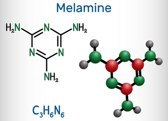 Melamine C3H6N6 molecule. It is used to produce melamine resins. Structural chemical formula and molecule model.
