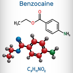 Benzocaine molecule. It is local anesthetic. Structural chemical formula and molecule model