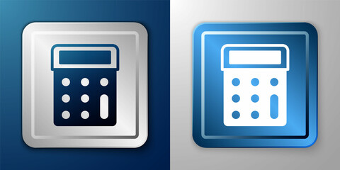 White Calculator icon isolated on blue and grey background. Accounting symbol. Business calculations mathematics education and finance. Silver and blue square button. Vector