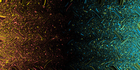 Golden blue shiny paint particles on black background. Abstract illustration with glowing blurred lights