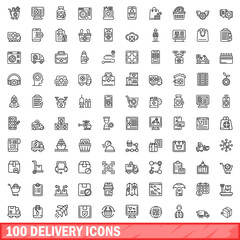Obraz na płótnie Canvas 100 delivery icons set. Outline illustration of 100 delivery icons vector set isolated on white background