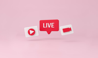 Live bubble, play and video minimal icons on pink background.
