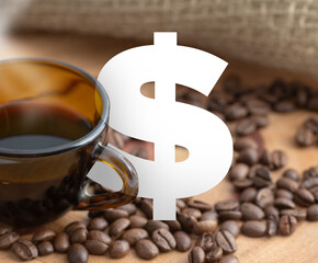 dollar symbol between coffee beans and brown cup. white siphon sign. coffee price