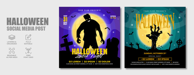 Halloween horror night dj party social media post template design. Scary zombie or ghost club party, festival, holiday and celebration event marketing web banner, flyer or abstract poster.   