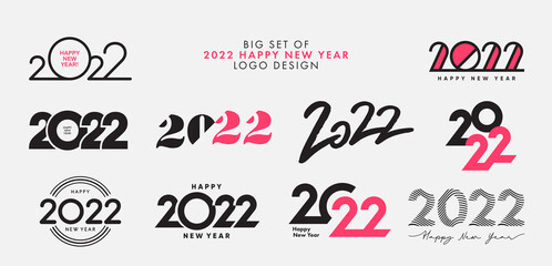 Big Set of 2022 Happy New Year logo text design. 2022 number design template. Collection of 2022 happy new year symbols. Vector illustration with black labels isolated on white background. 