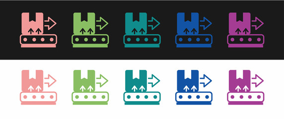 Set Conveyor belt with cardboard box icon isolated on black and white background. Vector