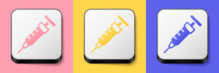 Isometric Syringe icon isolated on pink, yellow and blue background. Syringe for vaccine, vaccination, injection, flu shot. Medical equipment. Square button. Vector