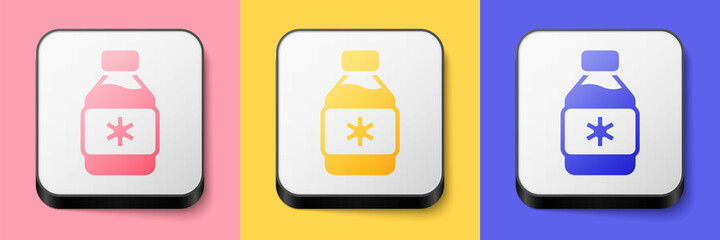 Isometric Bottle of medicine syrup icon isolated on pink, yellow and blue background. Square button. Vector