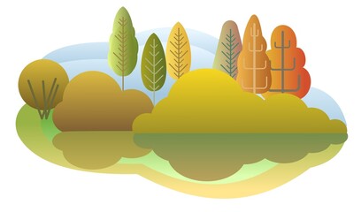 Autumn forest. Flat style symbolic illustration. Landscape in orange, yellow and green tones. Rural wildlife. Country scene with trees. Reflection in water. Beautiful art picture. Isolated Vector