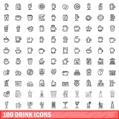 Fototapeta premium 100 drink icons set. Outline illustration of 100 drink icons vector set isolated on white background