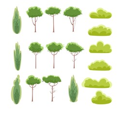 Set. Rustic summer beautiful plants. Cartoon style. Trees and shrubs. Isolated on white background. Romantic beauty. Flat design illustration. Vector art
