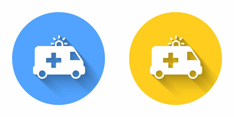 White Ambulance and emergency car icon isolated with long shadow background. Ambulance vehicle medical evacuation. Circle button. Vector