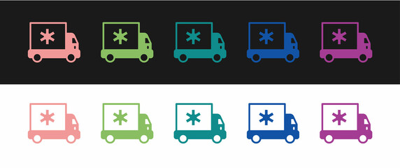 Set Ambulance and emergency car icon isolated on black and white background. Ambulance vehicle medical evacuation. Vector