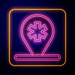 Obraz premium Glowing neon Medical map pointer with cross hospital icon isolated on black background. Vector