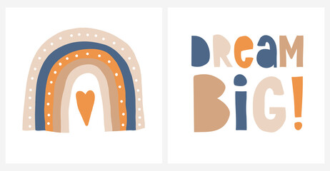 Cute Nursery Vector Illustration. Simple Hand Drawn Prints with Handwritten Dream Big, Funny Rainbow and Heart Isoleted on a White Background. Minimalist Abstract Scandi Art ideal for Card, Poster.