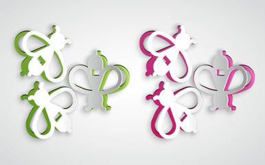 Paper cut Bees icon isolated on grey background. Sweet natural food. Honeybee or apis with wings symbol. Flying insect. Paper art style. Vector