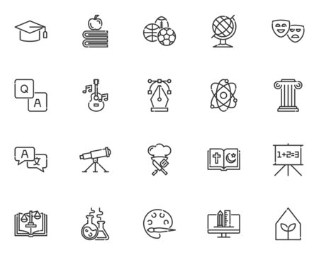set of online education line icons, school, class, training