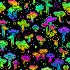 seamless illustration depicting a pattern of various bright mushrooms and plant leaves