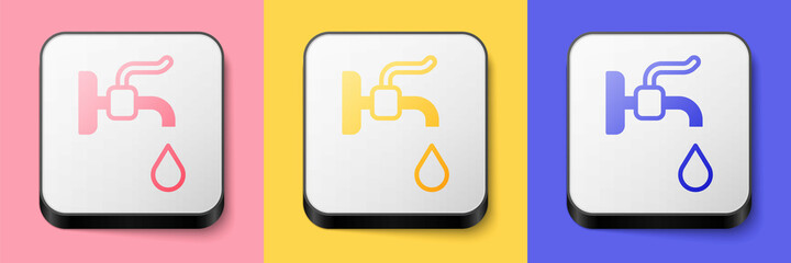 Fototapeta premium Isometric Water tap icon isolated on pink, yellow and blue background. Square button. Vector