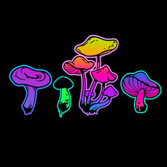 set of four bright colored mushrooms