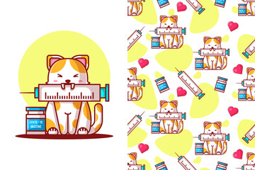 Seamless pattern cute cat cartoon with vaccine