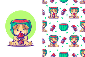 Cute dog cartoon and watermelon with seamless pattern